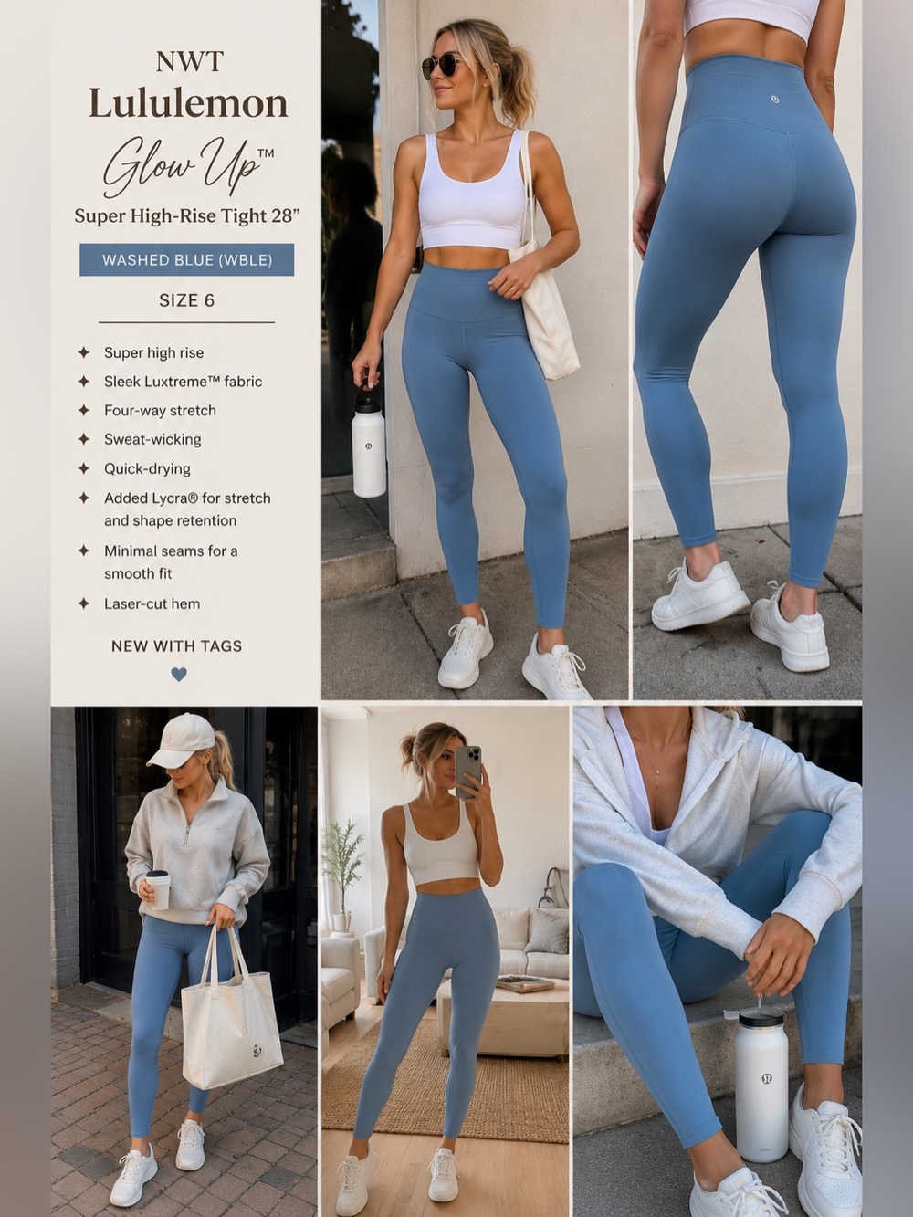 NWT Lululemon Glow Up Super High Rise Tight 28” Washed Blue Size 6